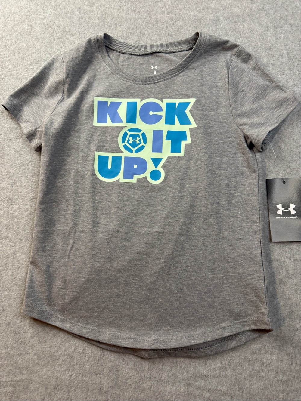 Under Armour Gray Tee with Blue and Light Green 'Kick It Up!' Graphic